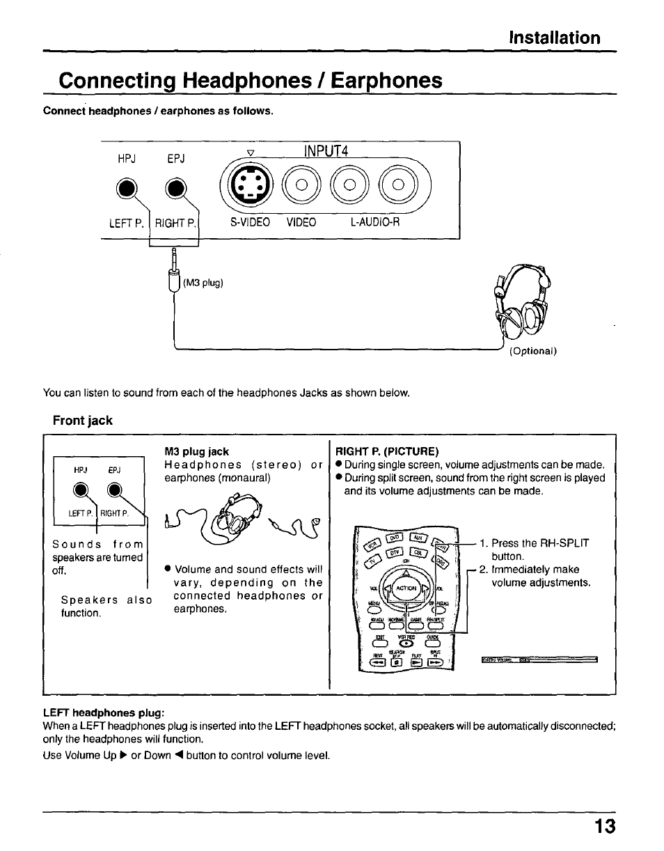 Connecting headphones / earphones, Connect headphones / earphones as follows, Front jack | Installation | Panasonic CT-30WX50 User Manual | Page 13 / 72