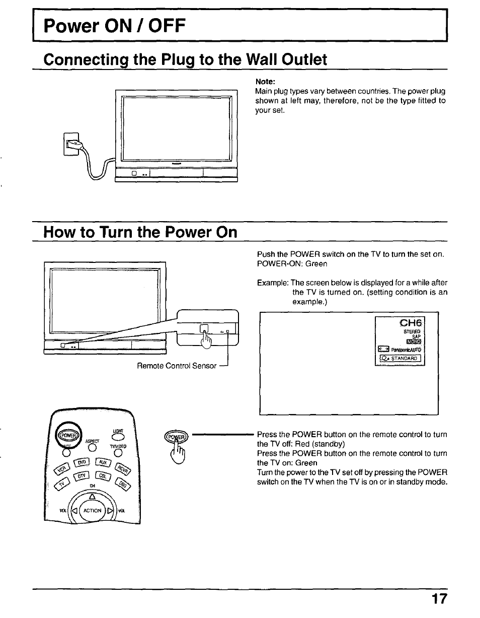 Connecting the plug to the wall outlet, Note, How to turn the power on | Panasonic CT-30WX50 User Manual | Page 17 / 72