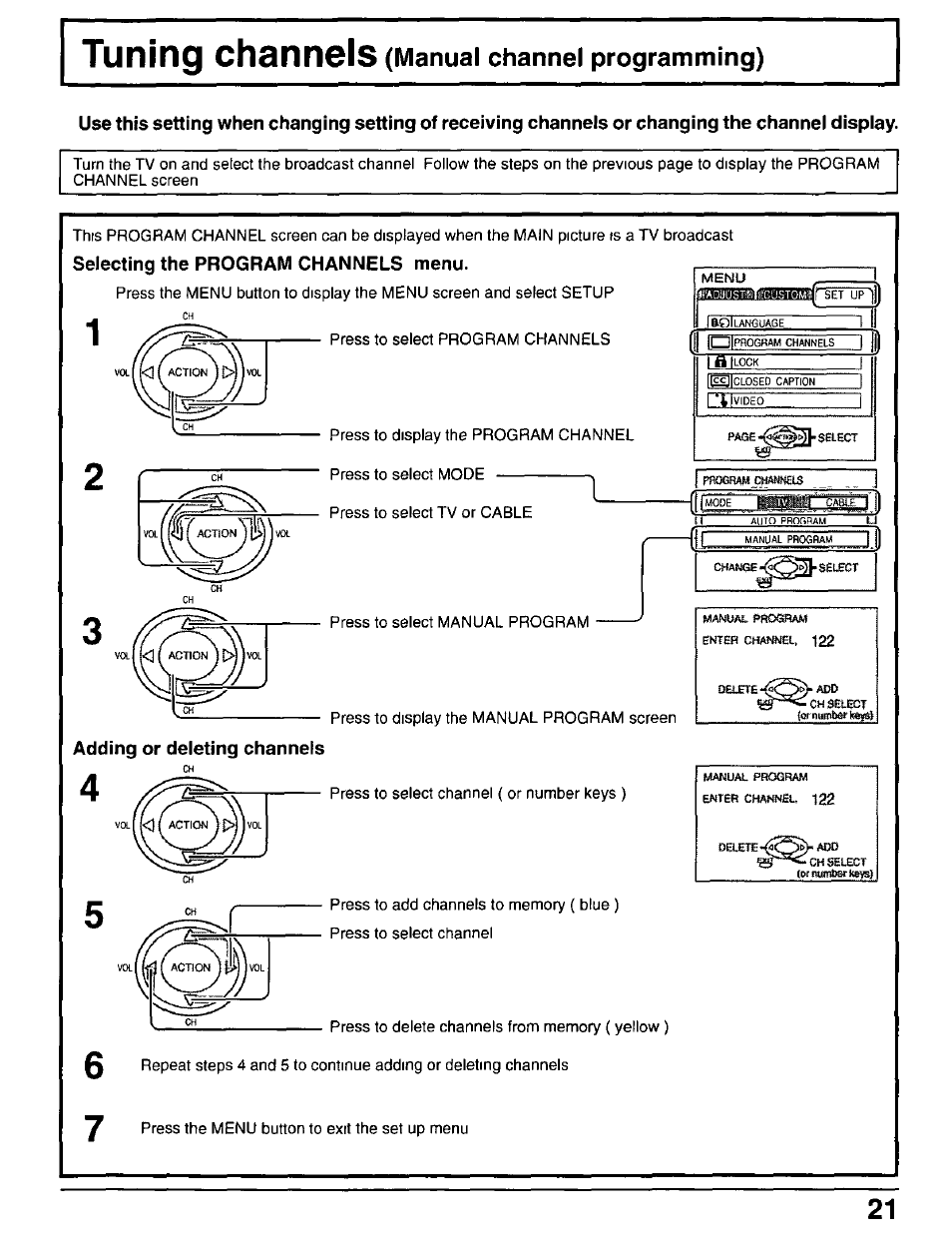 Selecting the program channels menu, Adding or deleting channels | Panasonic CT-30WX50 User Manual | Page 21 / 72