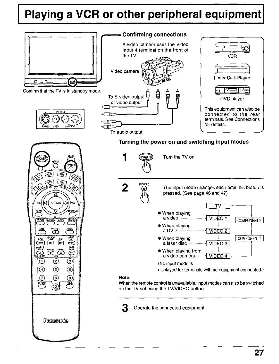 Turning the power on and switching input modes, Note, A o cd | O j®|: o, Cd cd cd cd, Cd cd ® ce | Panasonic CT-30WX50 User Manual | Page 27 / 72