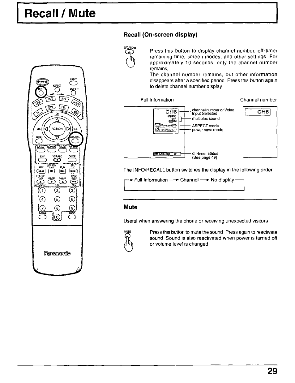 Recall (on-screen display), Mute | Panasonic CT-30WX50 User Manual | Page 29 / 72