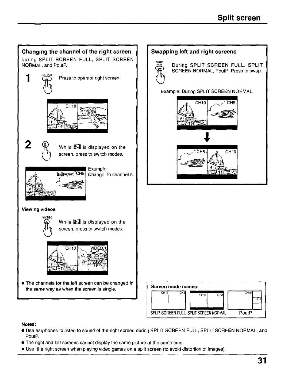 Changing the channel of the right screen, Viewing videos, Screen mode names | Notes, Split | Panasonic CT-30WX50 User Manual | Page 31 / 72