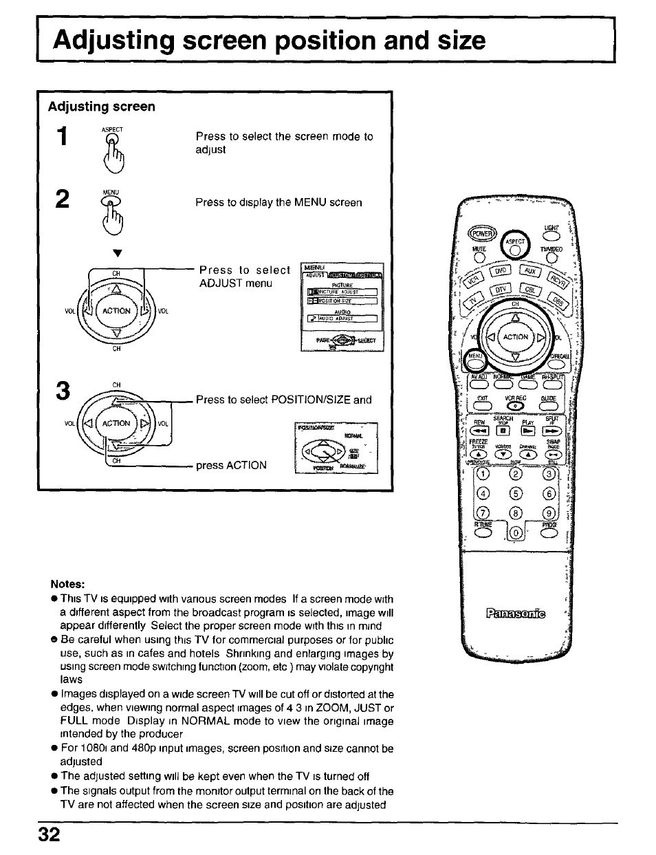 Adjusting screen, Notes | Panasonic CT-30WX50 User Manual | Page 32 / 72