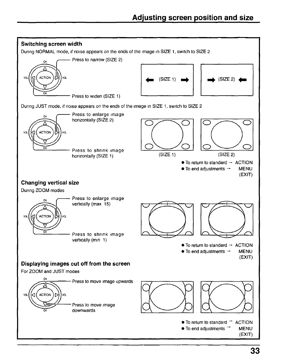 Switching screen width, Changing vertical size, Displaying images cut off from the screen | Adjusting screen position and size | Panasonic CT-30WX50 User Manual | Page 33 / 72