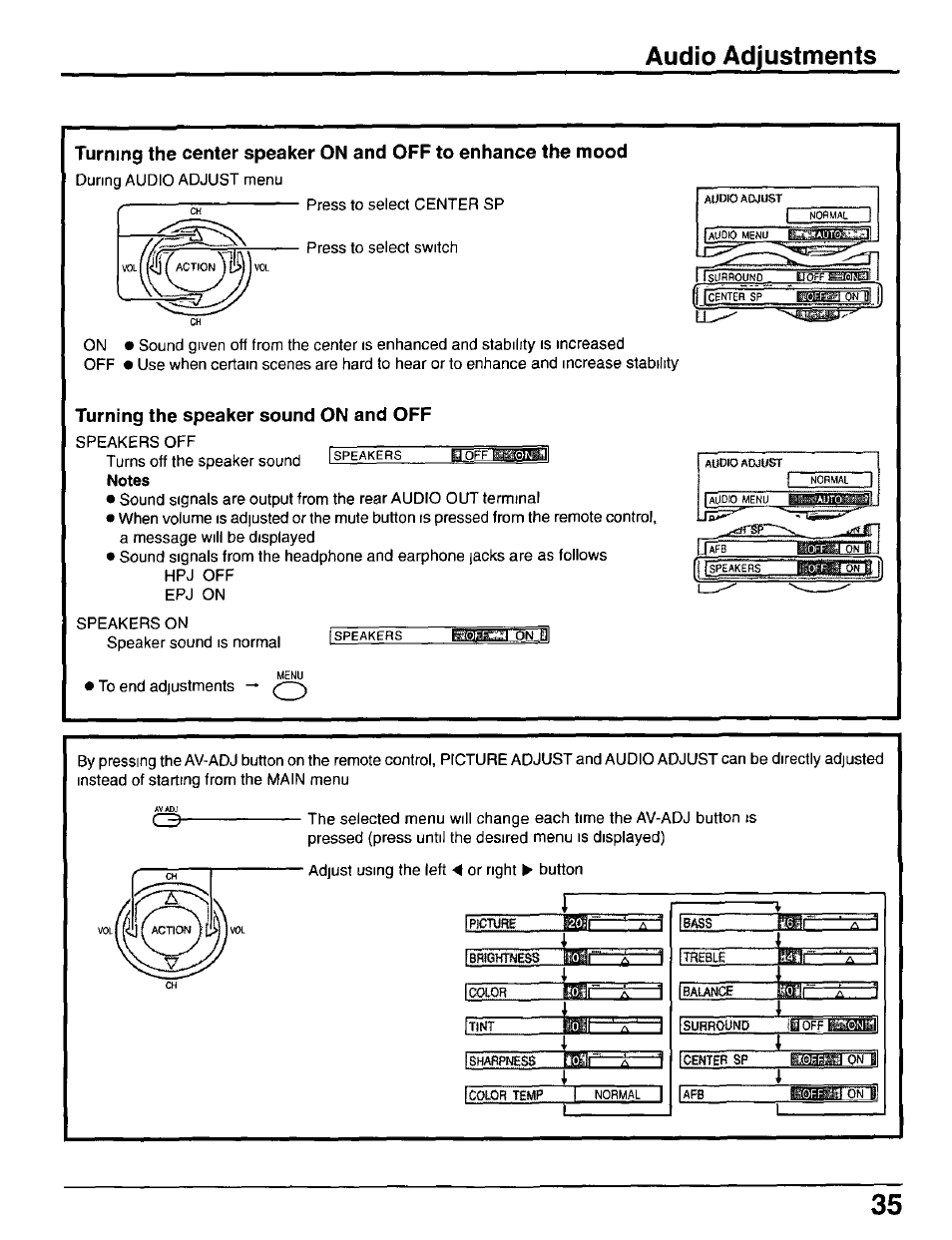 Turning the speaker sound on and off, Audio adjustments | Panasonic CT-30WX50 User Manual | Page 35 / 72