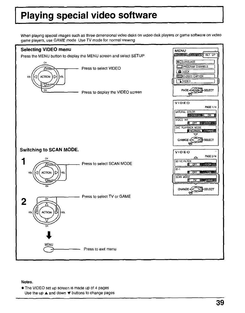 Selecting video menu, Switching to scan mode, Notes | Panasonic CT-30WX50 User Manual | Page 39 / 72