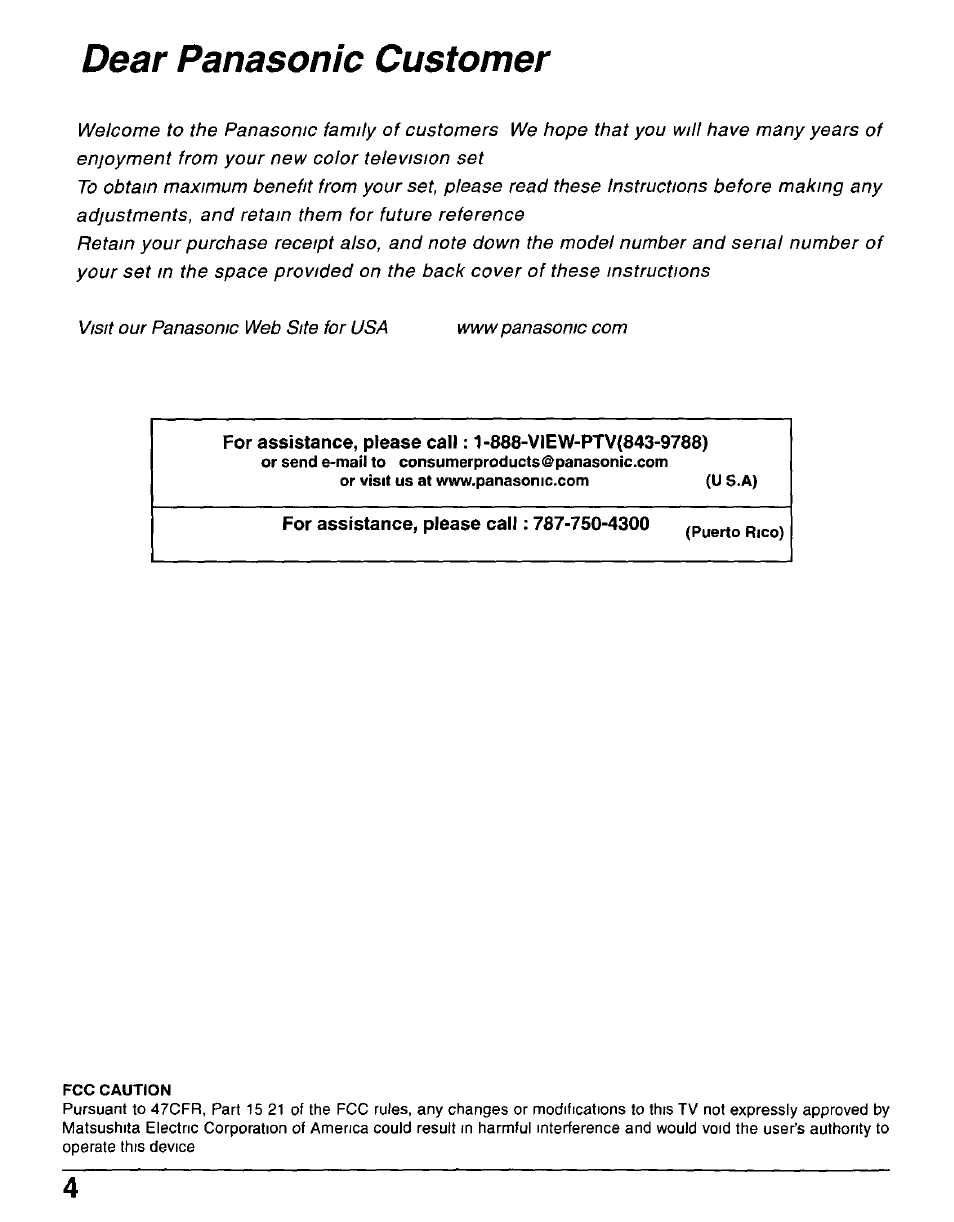 For assistance, please call: 787-750-4300, Dear panasonic customer | Panasonic CT-30WX50 User Manual | Page 4 / 72