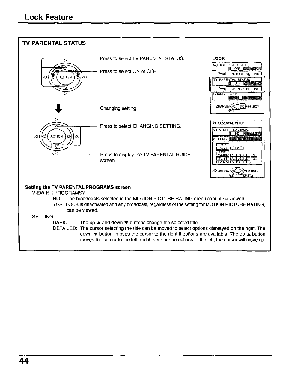 Tv parental status, Lock feature | Panasonic CT-30WX50 User Manual | Page 44 / 72