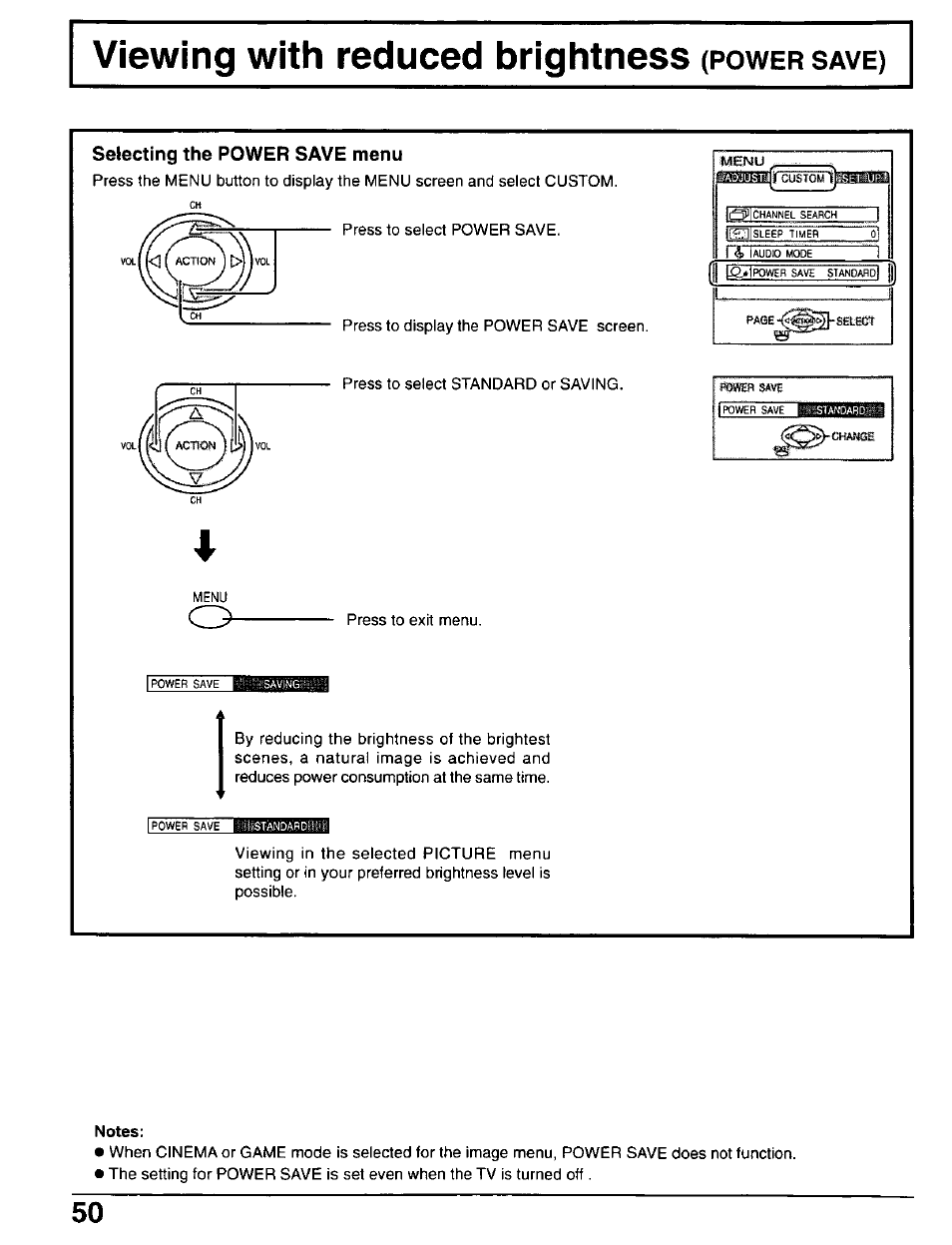 Selecting the power save menu, Notes, Paqe | Panasonic CT-30WX50 User Manual | Page 50 / 72