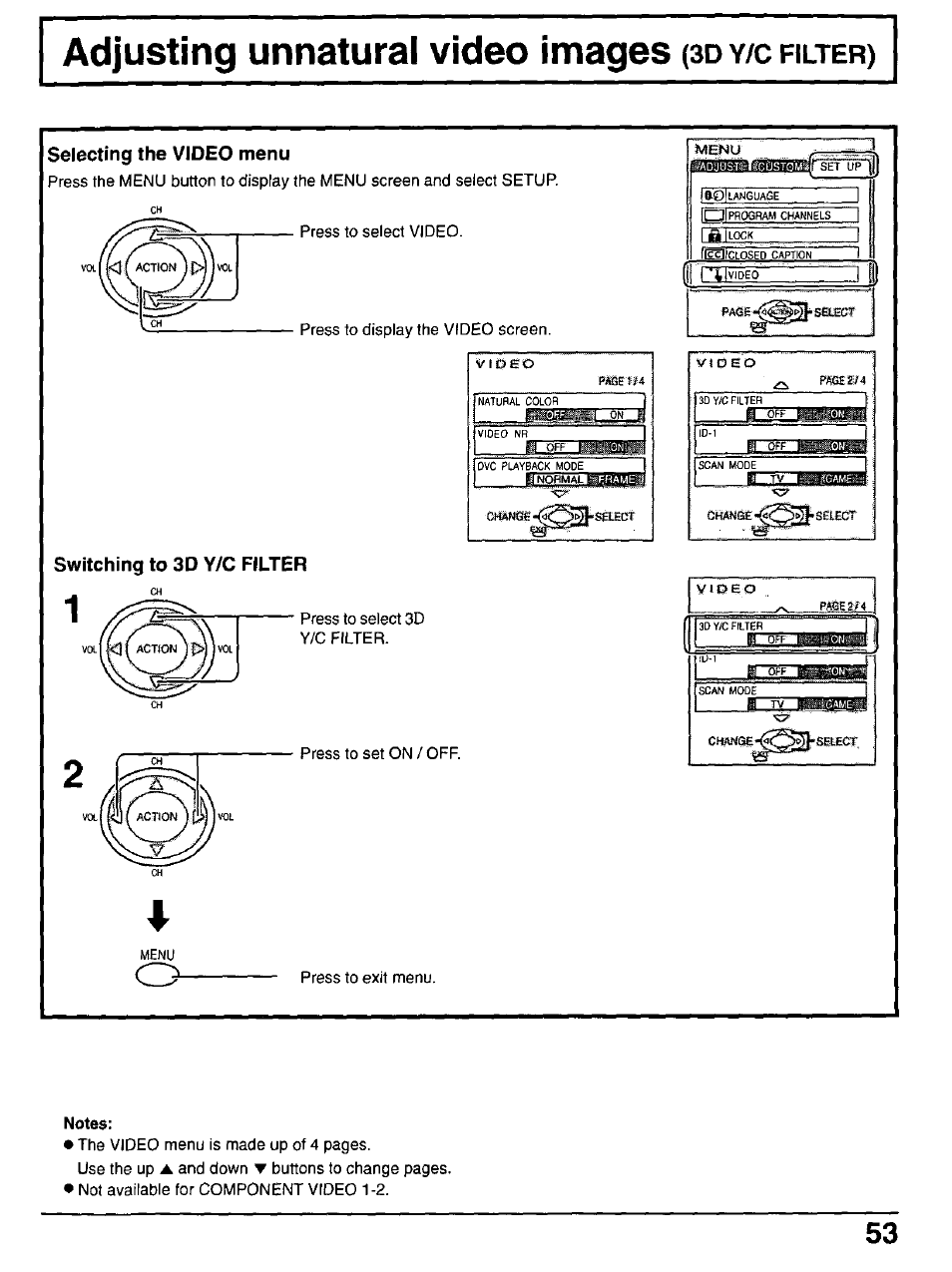 Selecting the video menu, Switching to 3d y/c filter, Notes | Panasonic CT-30WX50 User Manual | Page 53 / 72