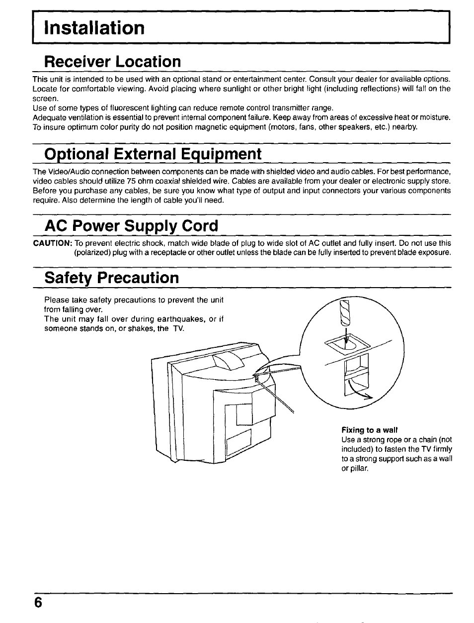 Receiver location, Optional external equipment, Ac power supply cord | Safety precaution | Panasonic CT-30WX50 User Manual | Page 6 / 72
