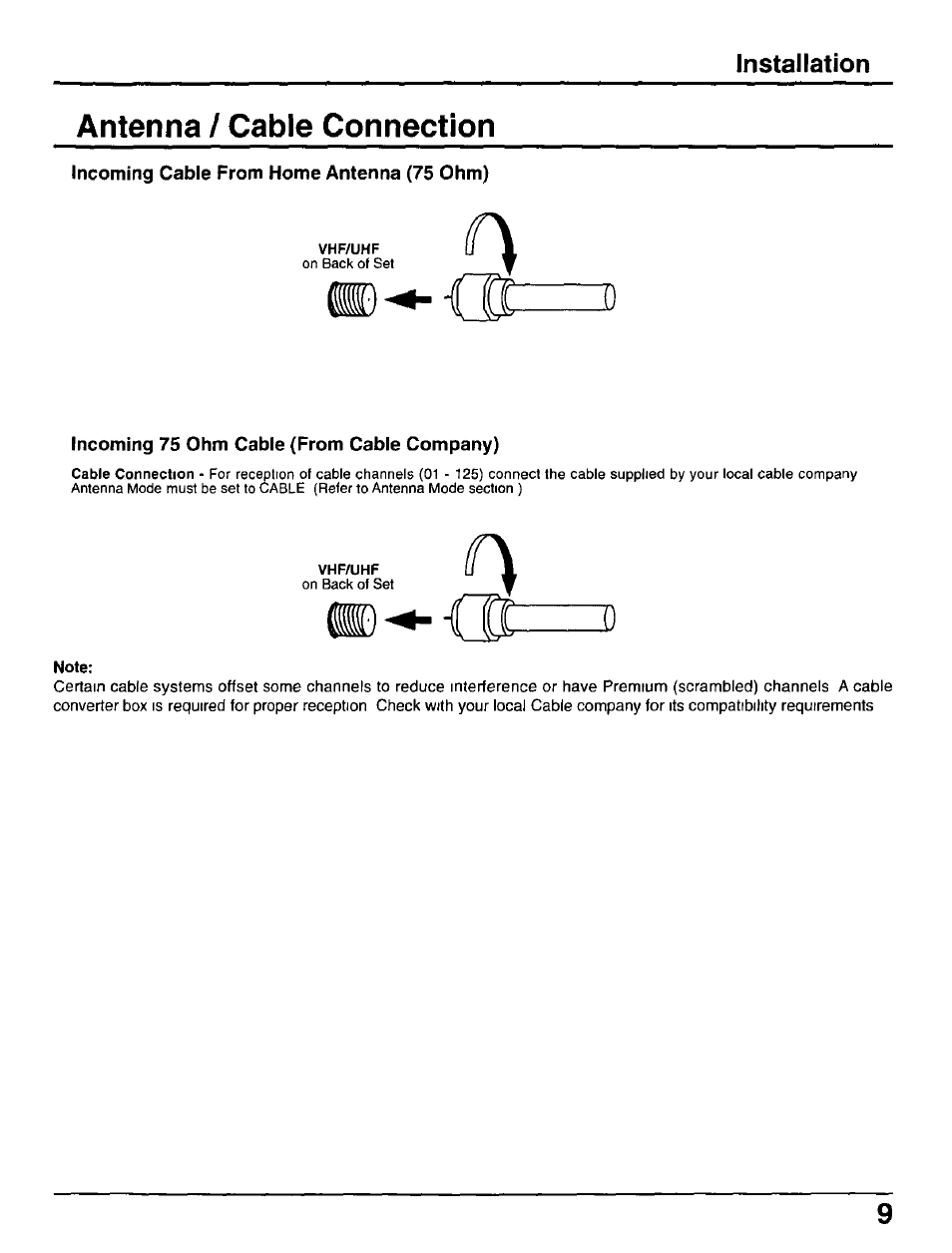 Antenna / cable connection, Incoming cable from home antenna (75 ohm), Incoming 75 ohm cable (from cable company) | Note, Installation | Panasonic CT-30WX50 User Manual | Page 9 / 72