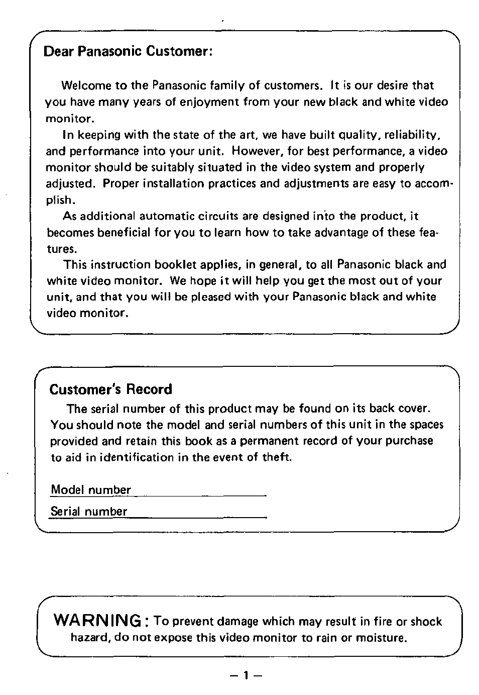 Dear panasonic customer, Customer's record, Warning | Panasonic TR-930 User Manual | Page 2 / 8