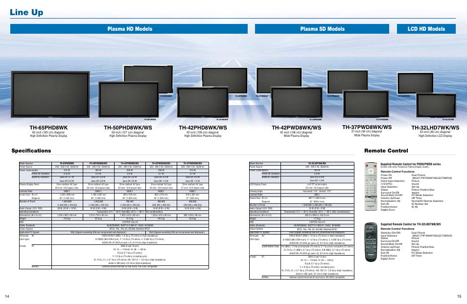 Line up, Plasma hd models lcd hd models plasma sd models, Specifications th-65phd8wk | Th-50phd8wk/ws, Th-42phd8wk/ws, Th-42pwd8wk/ws, Th-37pwd8wk/ws, Th-32lhd7wk/ws, Remote control | Panasonic SD 32HD37SD User Manual | Page 8 / 10