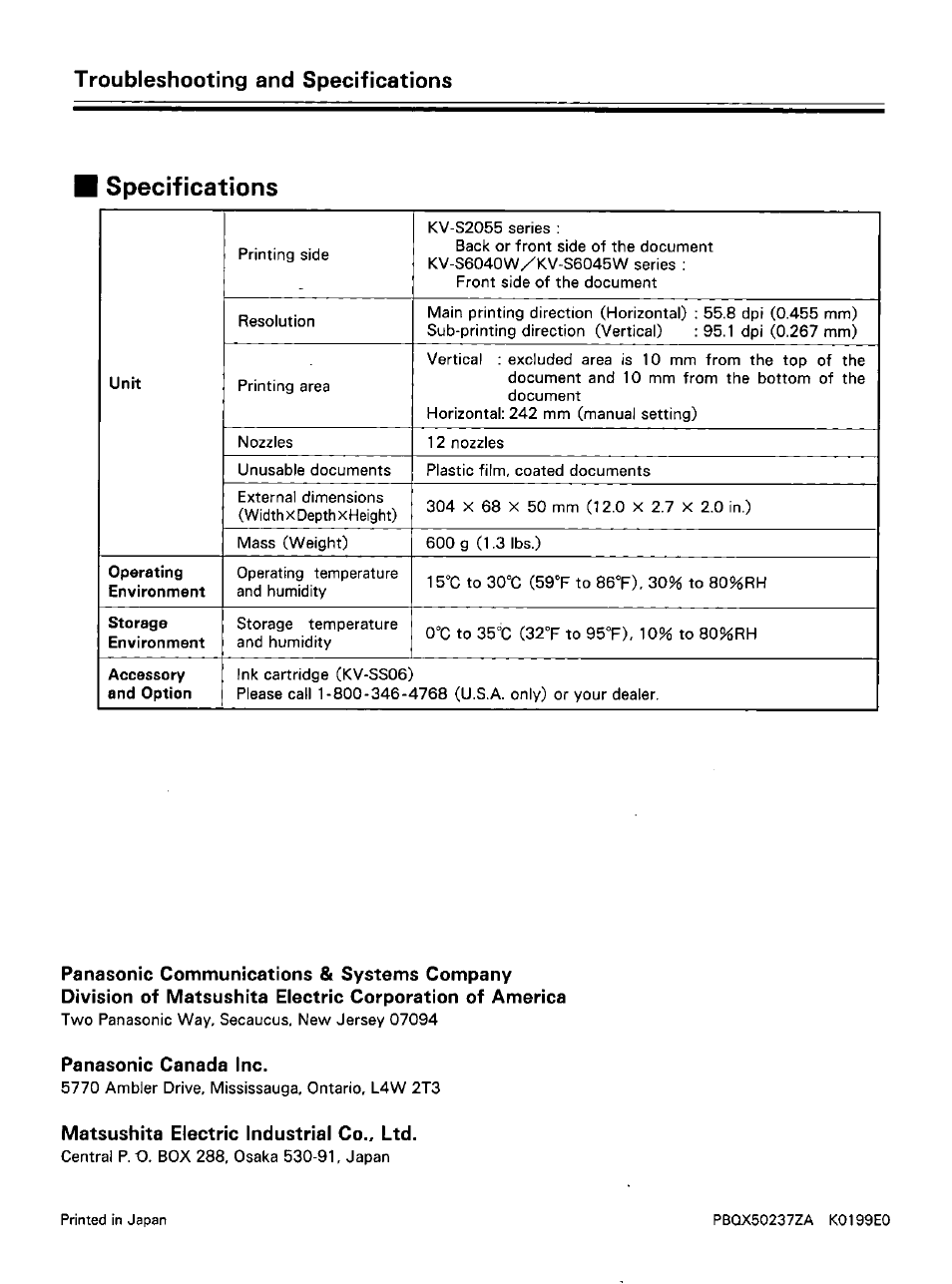 Troubleshooting and specifications, Specifications | Panasonic KV-SS010 User Manual | Page 16 / 16