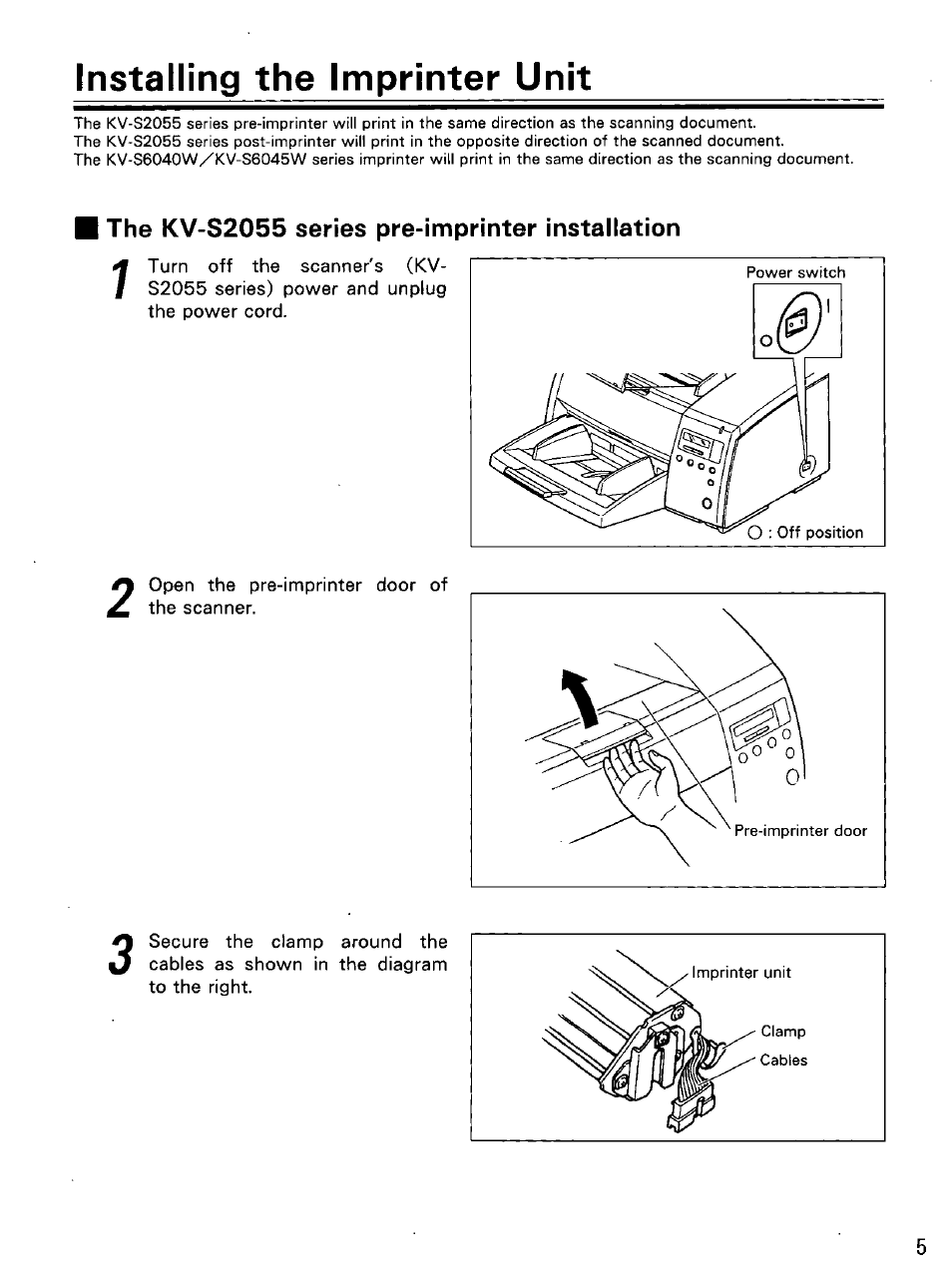The kv-s2055 series pre-imprinter installation, For the kv-s2055 series pre-imprinter, Installing the imprinter unit | Panasonic KV-SS010 User Manual | Page 5 / 16