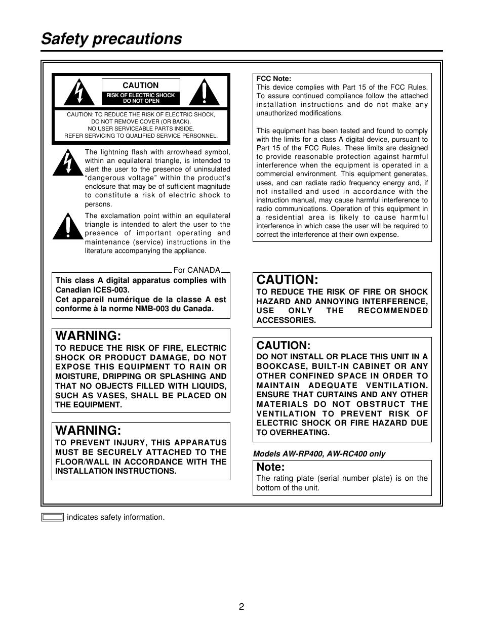 Safety precautions, Warning, Caution | Panasonic AW-RP400 User Manual | Page 2 / 64