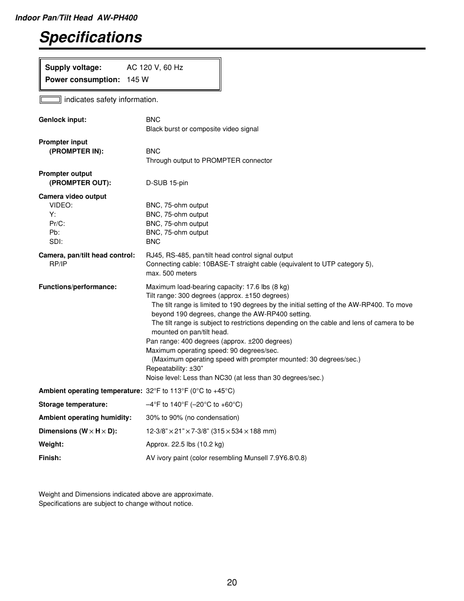 Specifications | Panasonic AW-RP400 User Manual | Page 20 / 64