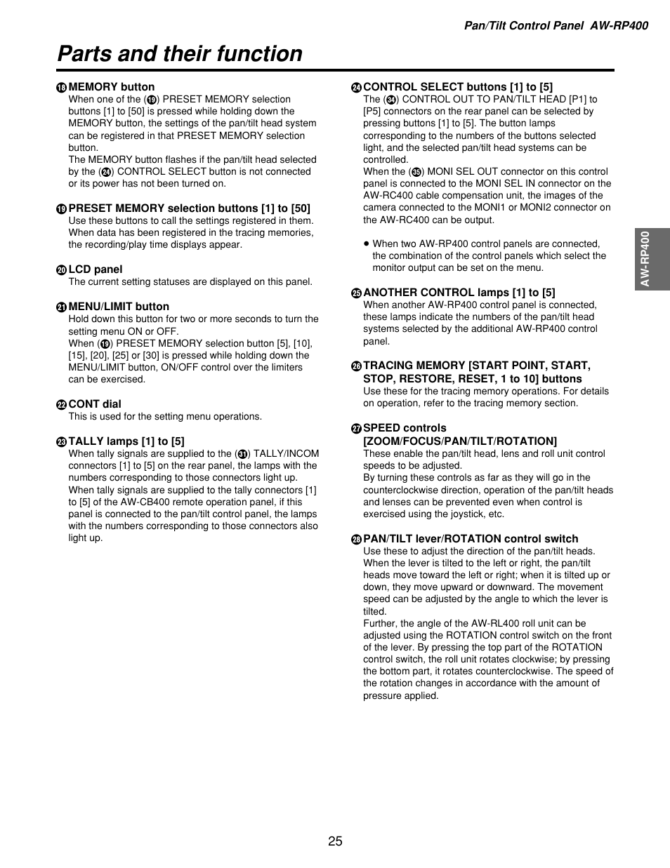 Parts and their function | Panasonic AW-RP400 User Manual | Page 25 / 64