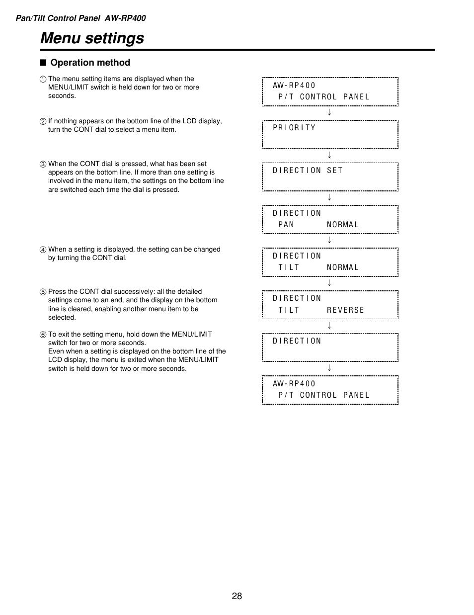 Menu settings | Panasonic AW-RP400 User Manual | Page 28 / 64