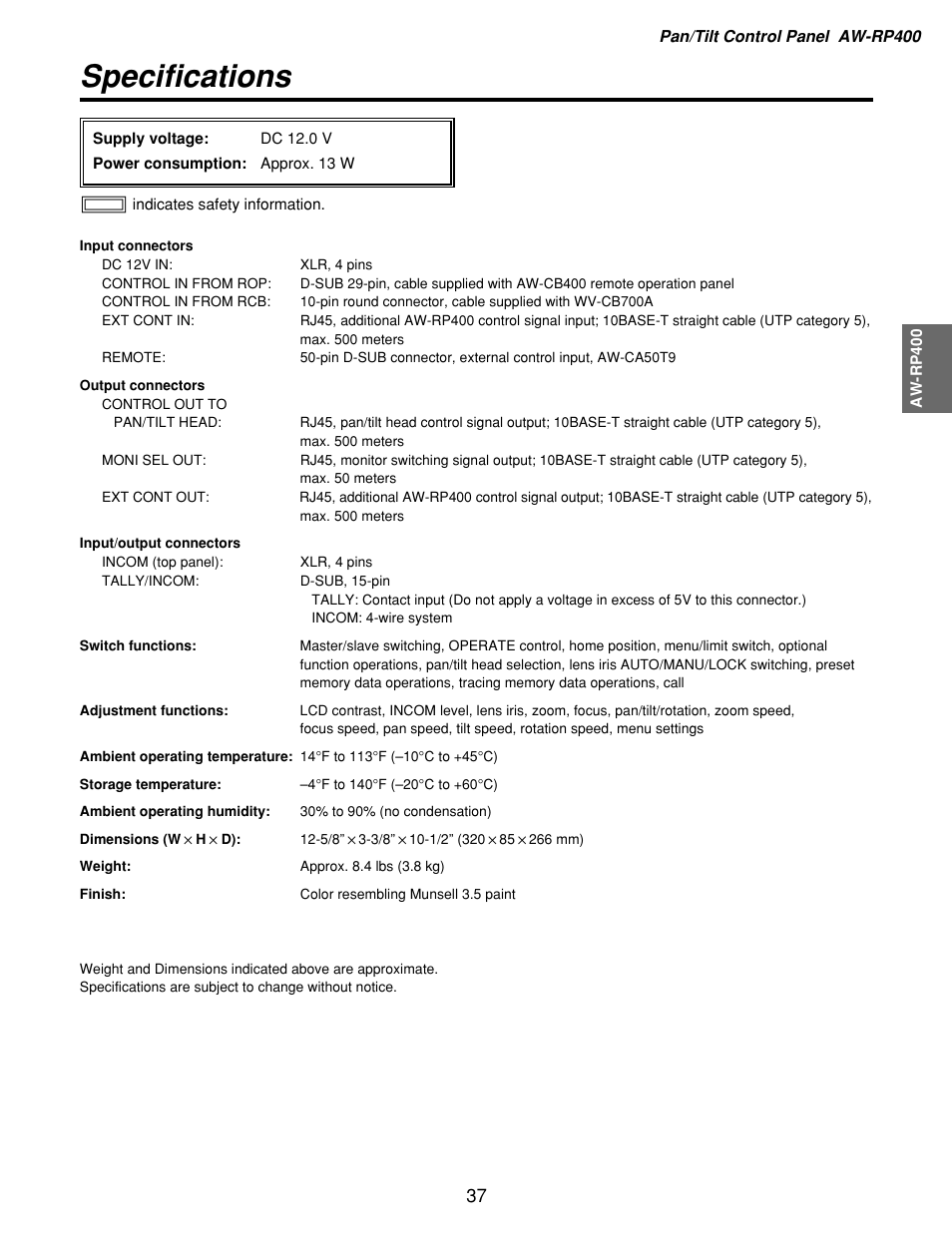 Specifications | Panasonic AW-RP400 User Manual | Page 37 / 64