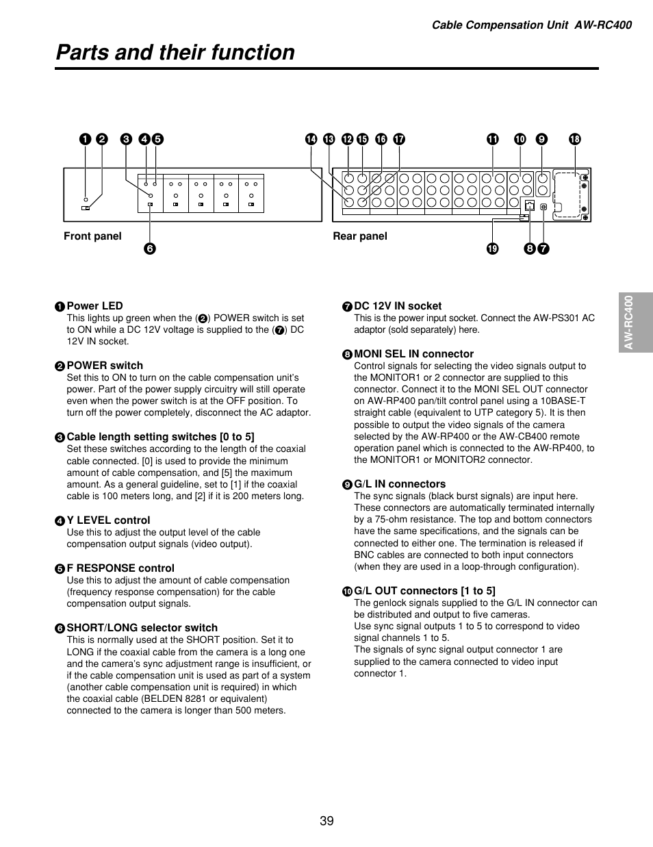 Parts and their function | Panasonic AW-RP400 User Manual | Page 39 / 64