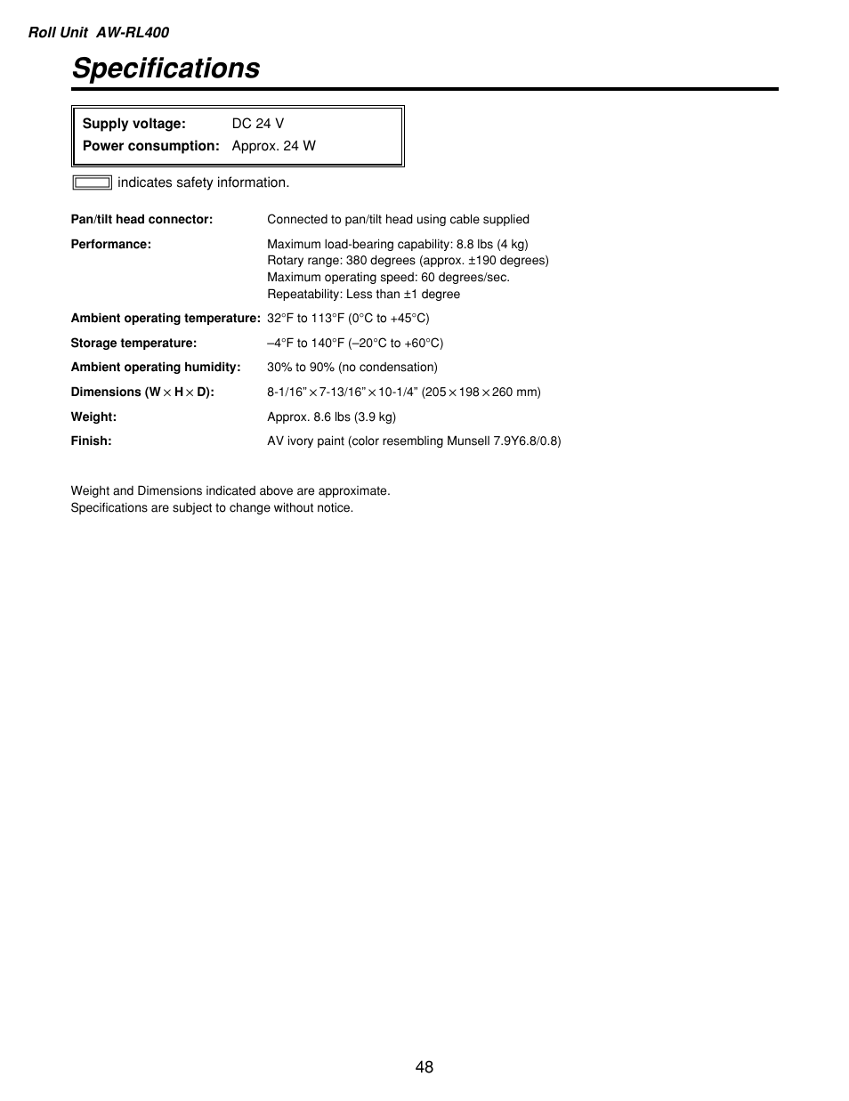 Specifications | Panasonic AW-RP400 User Manual | Page 48 / 64