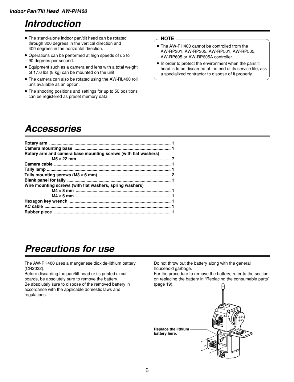 Aw-ph400 indoor pan/tilt head, Introduction, Accessories | Precautions for use, Introduction accessories precautions for use | Panasonic AW-RP400 User Manual | Page 6 / 64