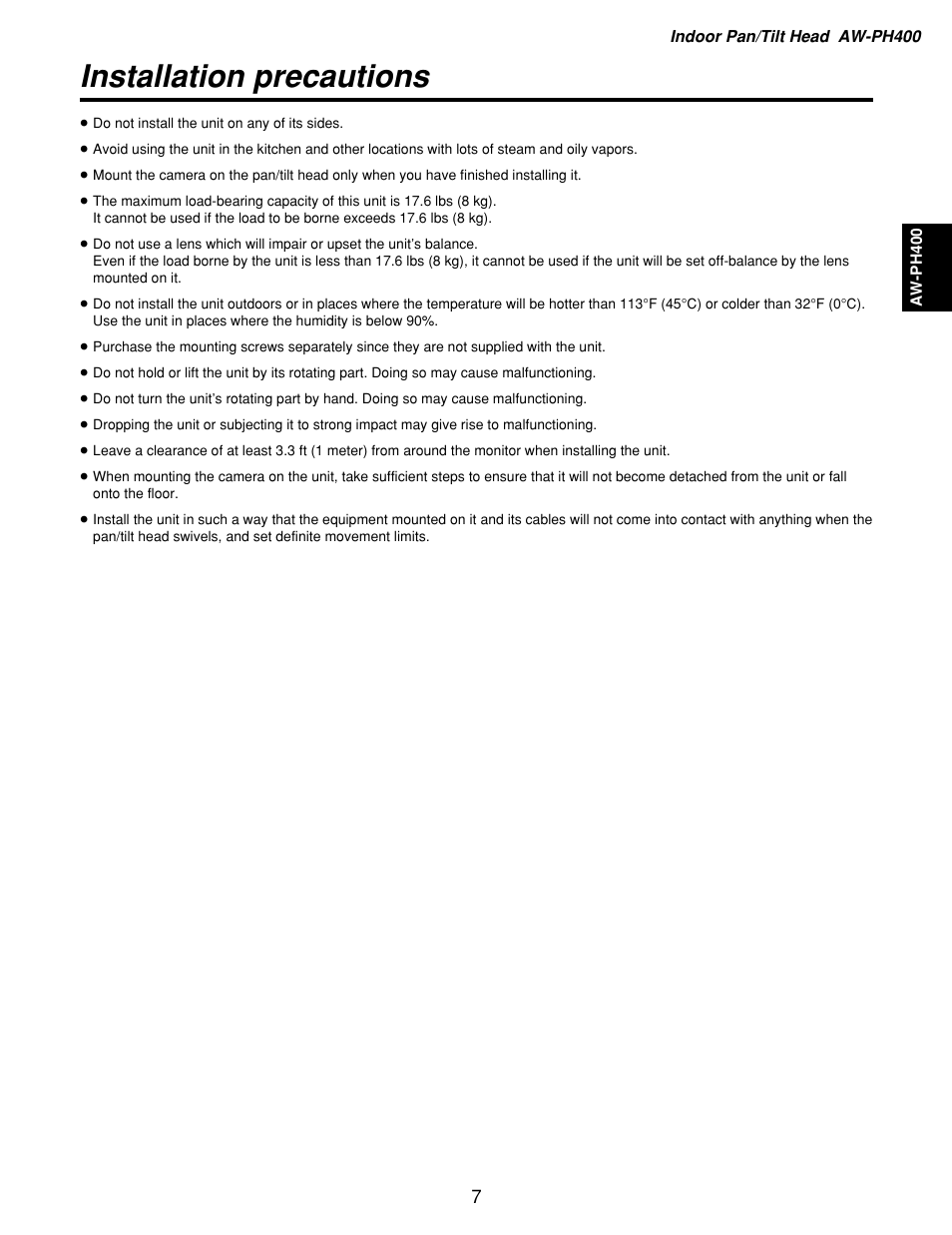 Installation precautions | Panasonic AW-RP400 User Manual | Page 7 / 64