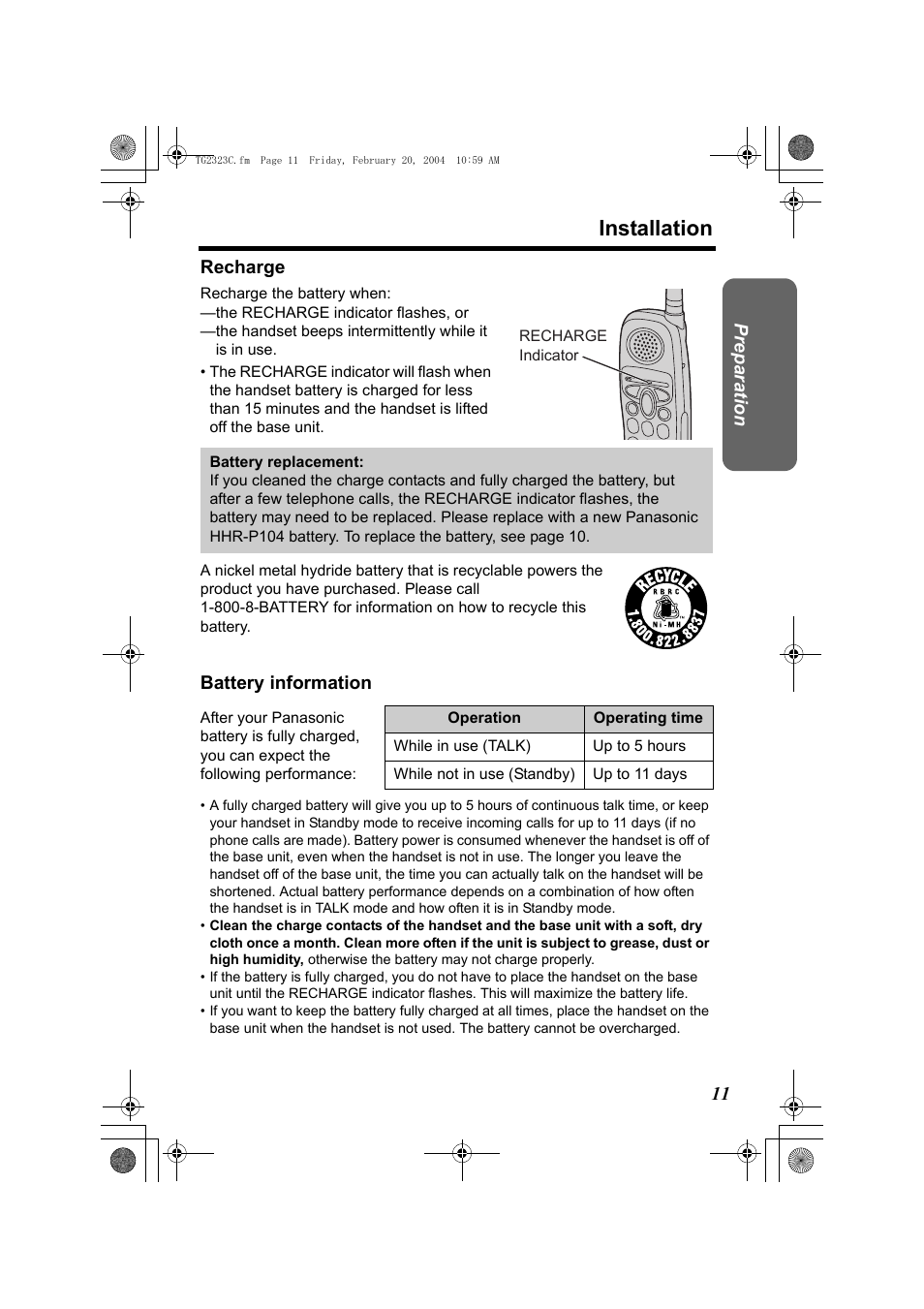 P. 11), Installation | Panasonic kX-TG2323C User Manual | Page 11 / 40