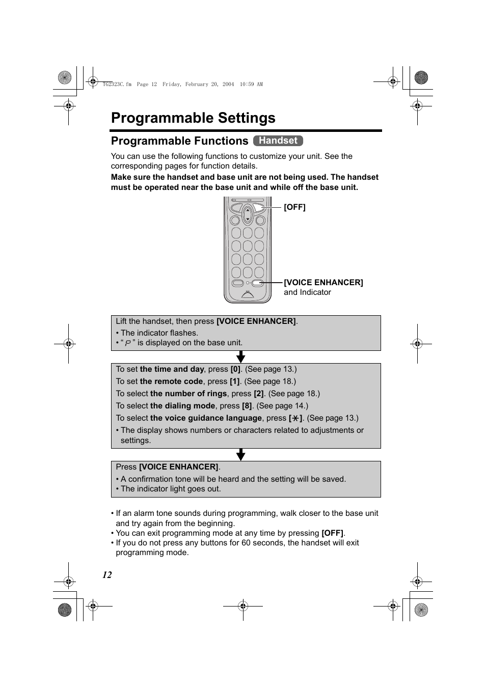 Programmable settings, Programmable functions, The indicator flashes | Is displayed on the base unit, The indicator light goes out, P. 12, Ing (p. 12) | Panasonic kX-TG2323C User Manual | Page 12 / 40