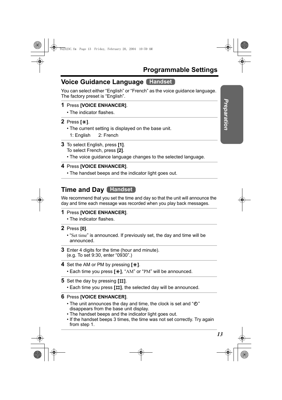 Voice guidance language, 1 press [voice enhancer, 2 press | 4 press [voice enhancer, Time and day, 2 press [0, 4 set the am or pm by pressing, 5 set the day by pressing, 6 press [voice enhancer, D day (p. 13) | Panasonic kX-TG2323C User Manual | Page 13 / 40