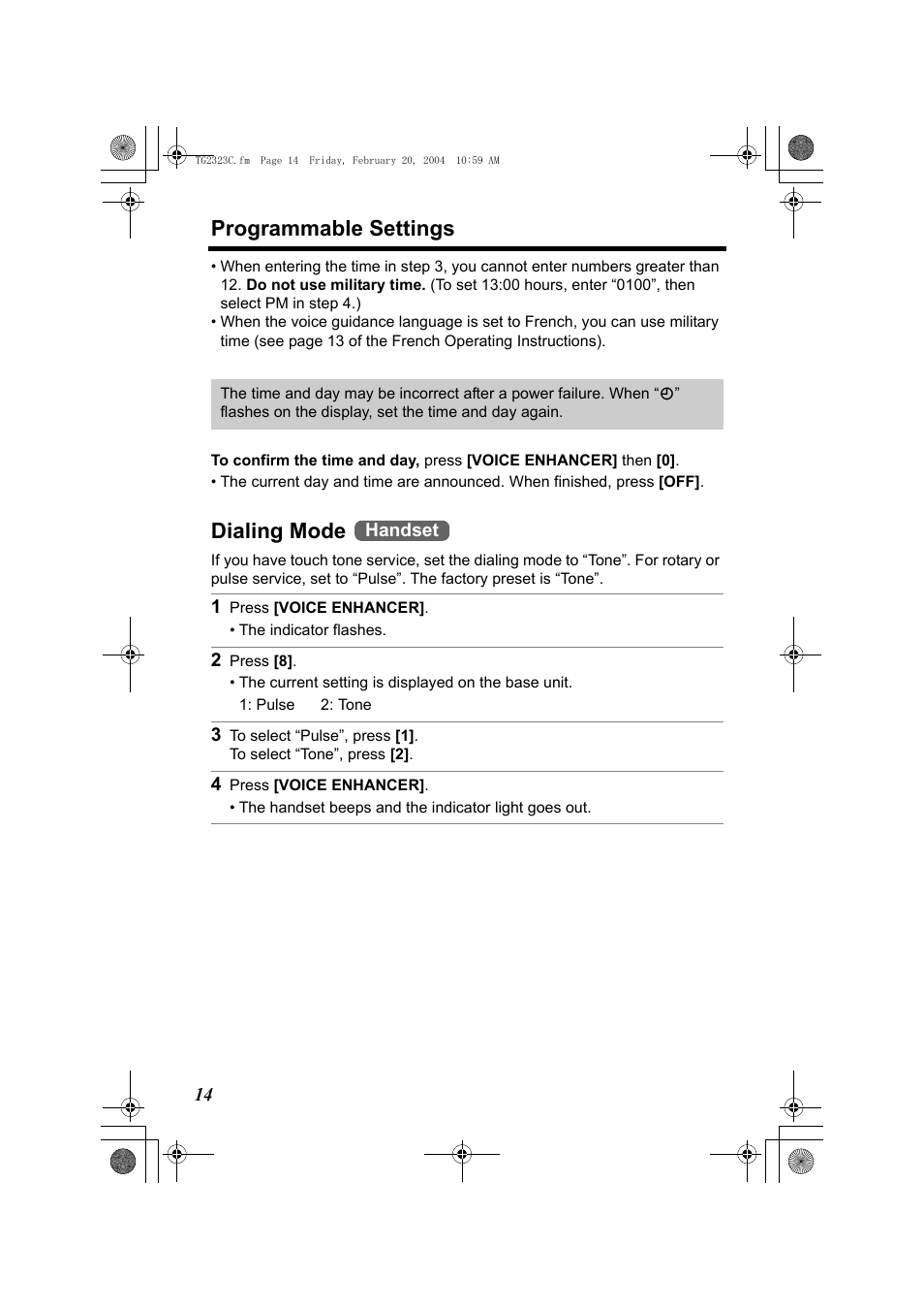 Dialing mode, 1 press [voice enhancer, 2 press [8 | 4 press [voice enhancer, Programmable settings | Panasonic kX-TG2323C User Manual | Page 14 / 40