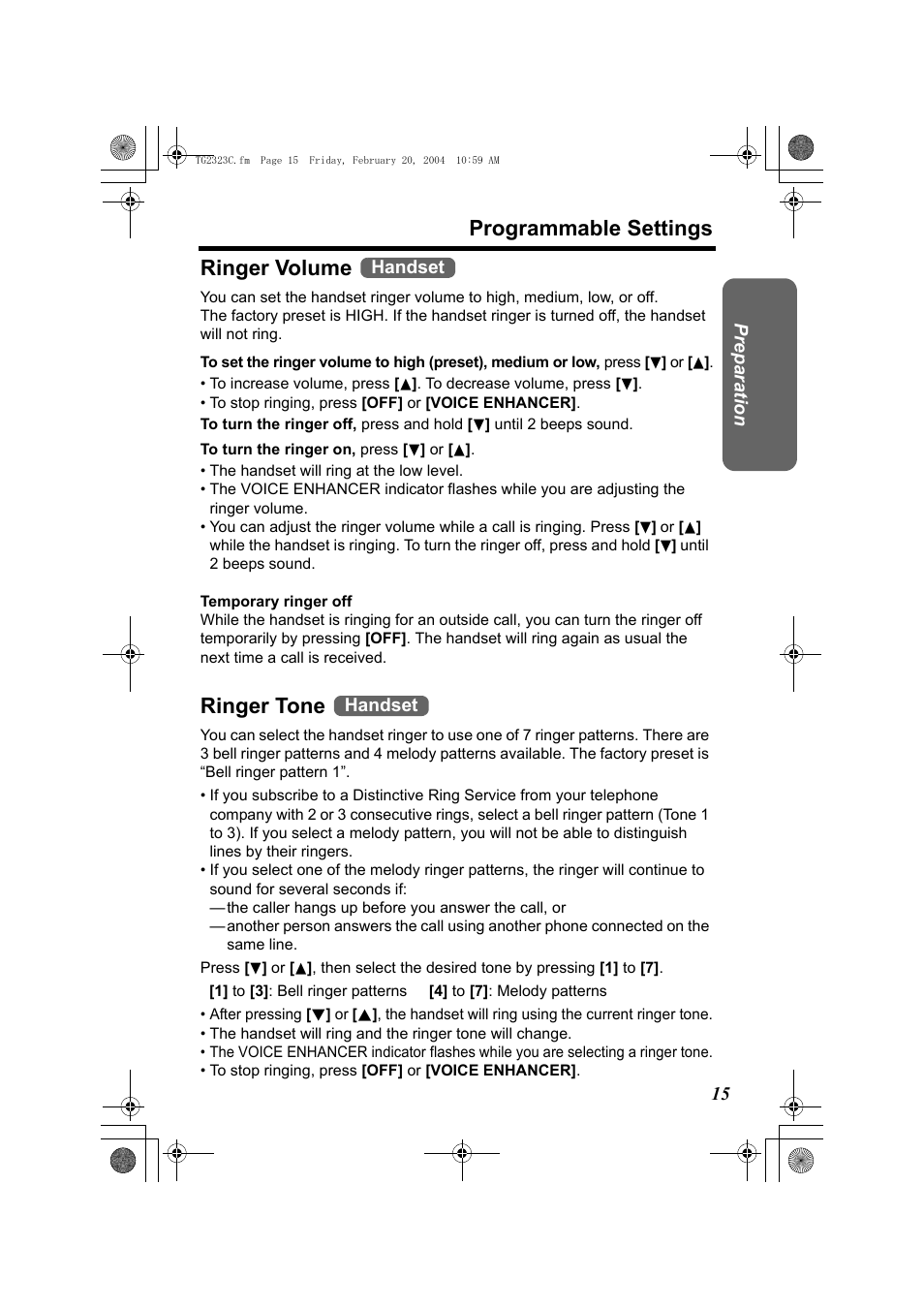 Ringer volume, To stop ringing, press [off] or [voice enhancer, The handset will ring at the low level | Ringer tone, P. 15, Programmable settings ringer volume | Panasonic kX-TG2323C User Manual | Page 15 / 40