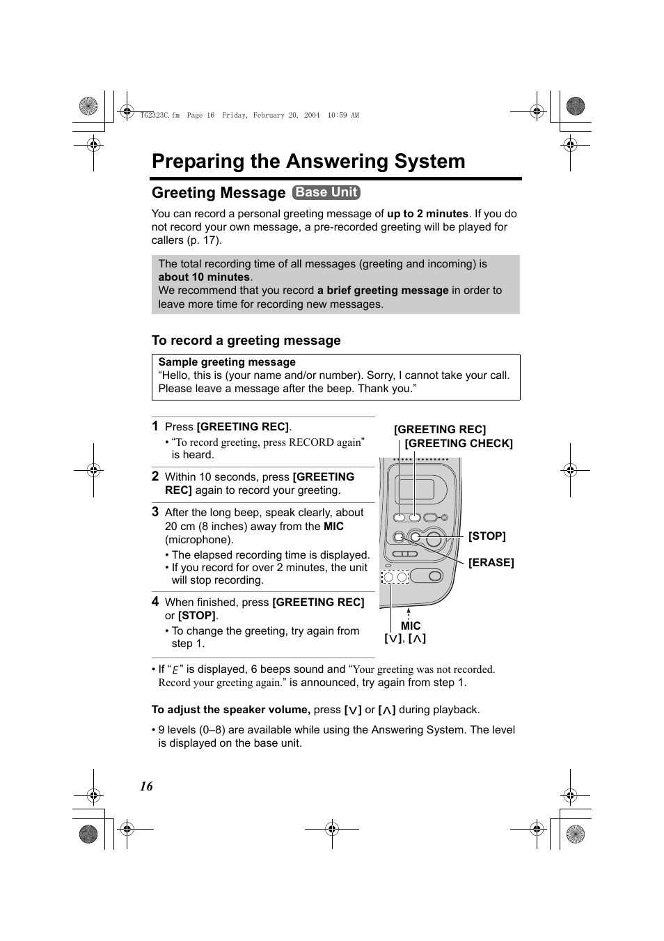 Preparing the answering system, Greeting message, 1 press [greeting rec | 4 when finished, press [greeting rec] or [stop, P. 16), P. 16, Ectly (p. 16) | Panasonic kX-TG2323C User Manual | Page 16 / 40