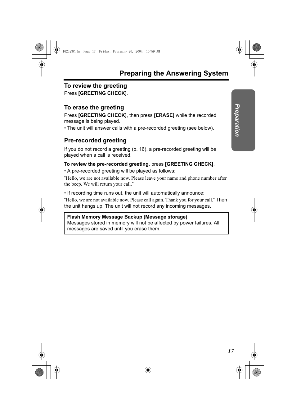 A pre-recorded greeting will be played as follows, P. 17, Button (p. 17) | Preparing the answering system | Panasonic kX-TG2323C User Manual | Page 17 / 40