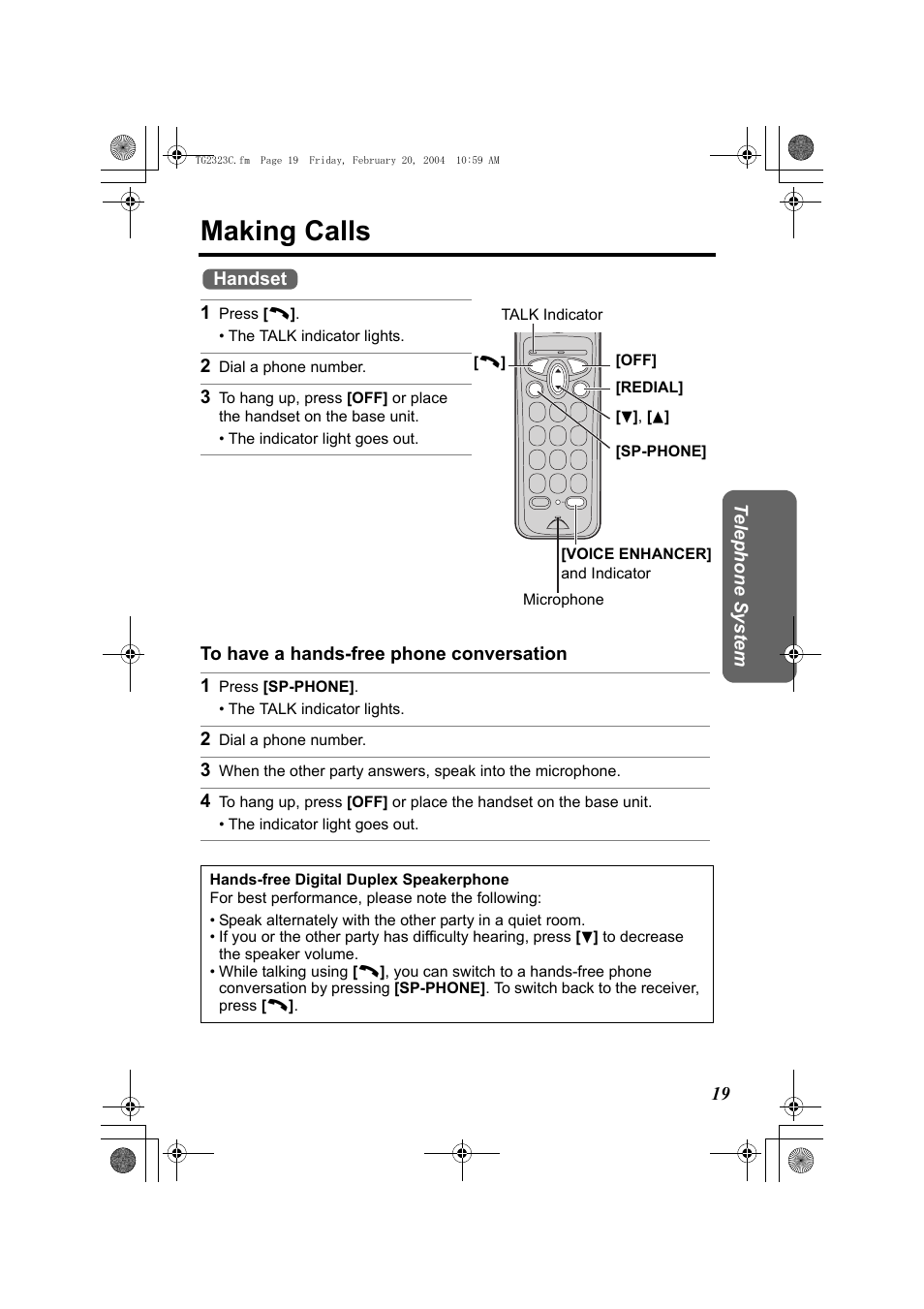 Making calls, 1 press [c, 2 dial a phone number | 1 press [sp-phone, P. 19), R (p. 19), Button (p. 19) | Panasonic kX-TG2323C User Manual | Page 19 / 40