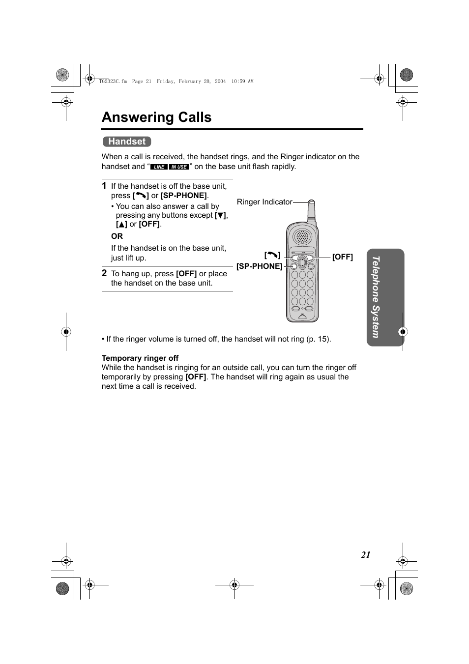 Answering calls, R (p. 21) | Panasonic kX-TG2323C User Manual | Page 21 / 40