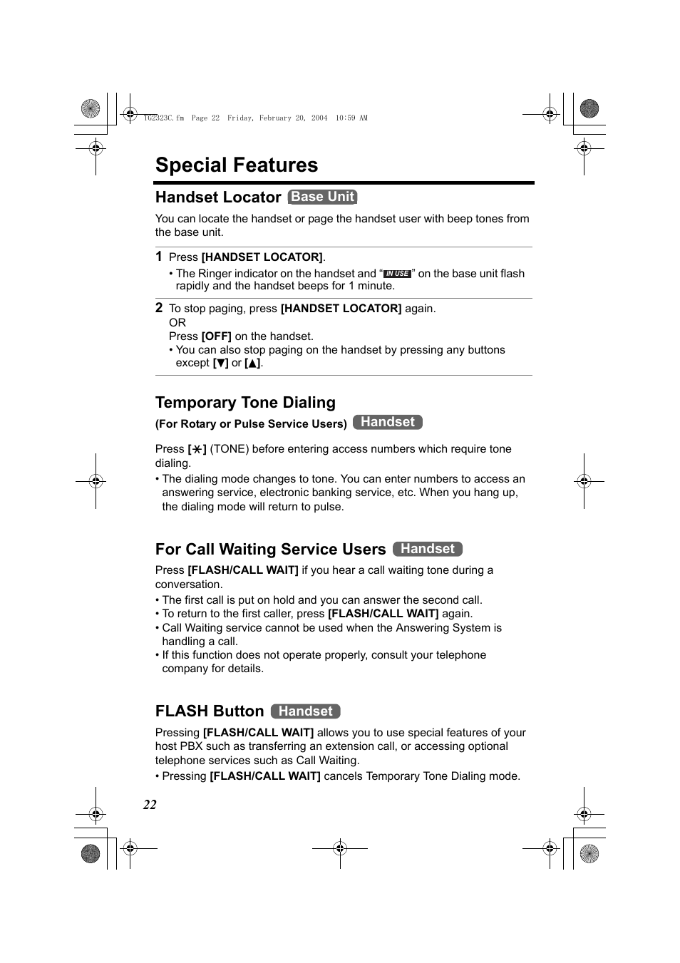 Special features, Handset locator, 1 press [handset locator | For call waiting service users, Flash button, Button (p. 22), On (p. 22), P. 22), Temporary tone dialing | Panasonic kX-TG2323C User Manual | Page 22 / 40