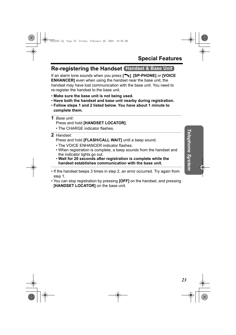 Re-registering the handset, Make sure the base unit is not being used, 1 base unit: press and hold [handset locator | Special features | Panasonic kX-TG2323C User Manual | Page 23 / 40