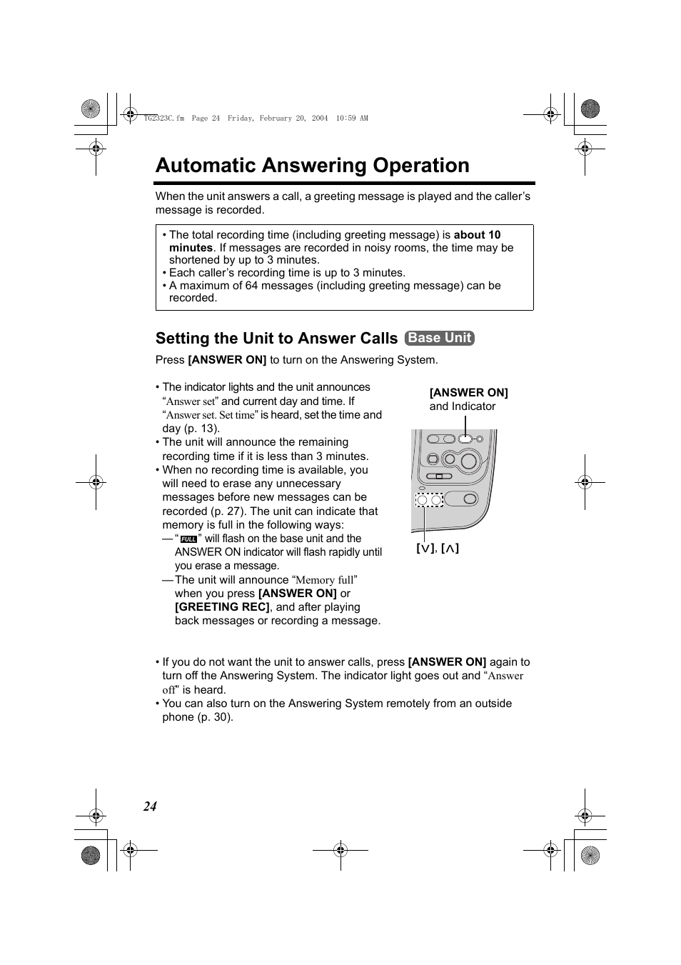 Automatic answering operation, Setting the unit to answer calls, R (p. 24) | G a call (p. 24), Base unit | Panasonic kX-TG2323C User Manual | Page 24 / 40