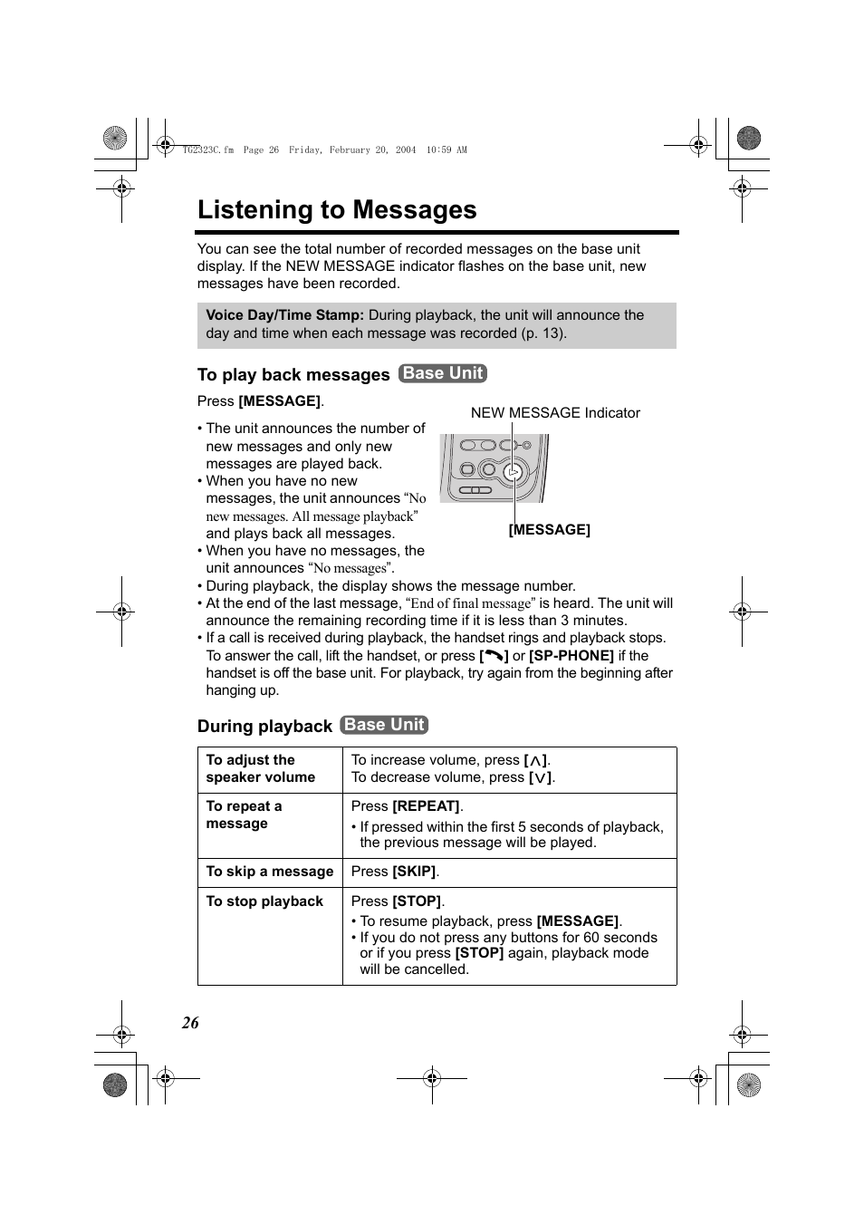 Listening to messages, R (p. 26), P. 26) | Button (p. 26), S (p. 26) | Panasonic kX-TG2323C User Manual | Page 26 / 40