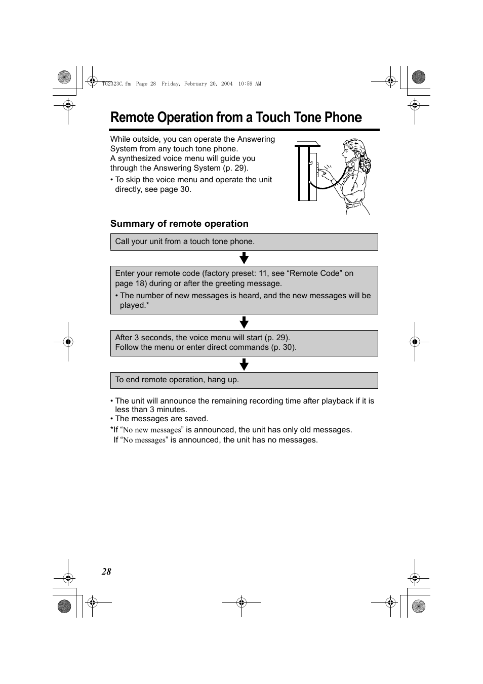 Remote operation from a touch tone phone | Panasonic kX-TG2323C User Manual | Page 28 / 40