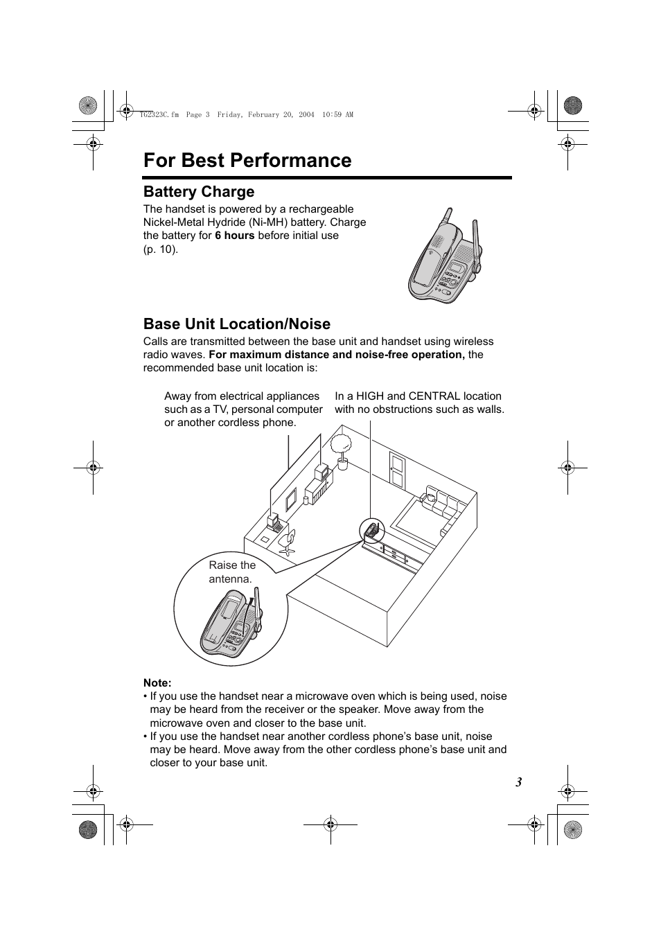 Battery charge, Base unit location/noise, For best performance | Panasonic kX-TG2323C User Manual | Page 3 / 40