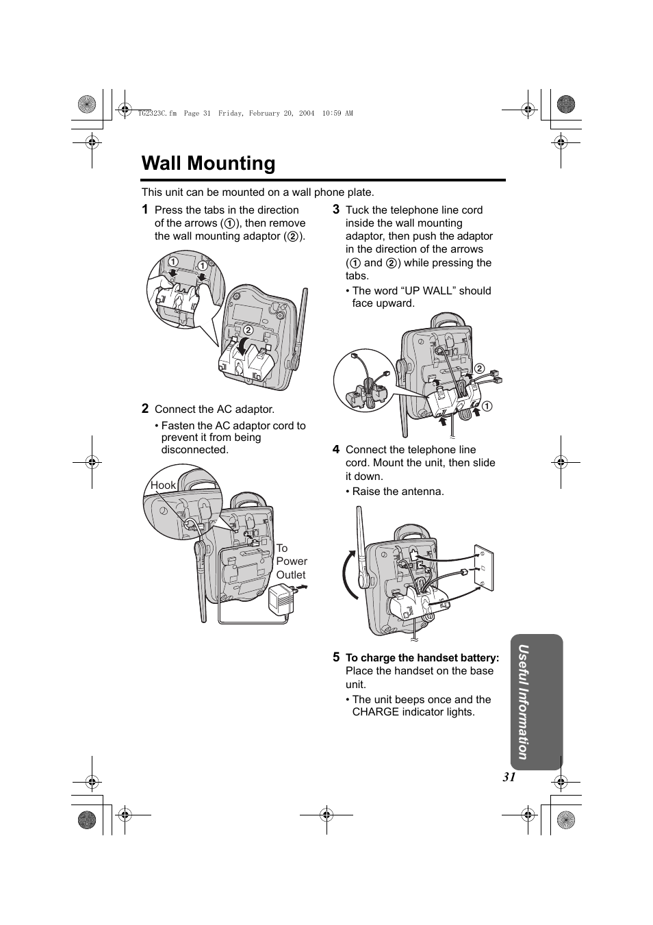 Wall mounting, 2 connect the ac adaptor | Panasonic kX-TG2323C User Manual | Page 31 / 40