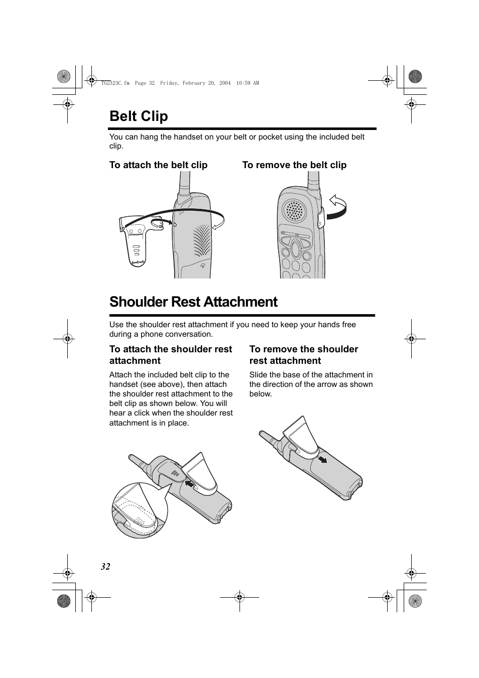 Belt clip, Shoulder rest attachment, To attach the shoulder rest attachment | To remove the shoulder rest attachment | Panasonic kX-TG2323C User Manual | Page 32 / 40