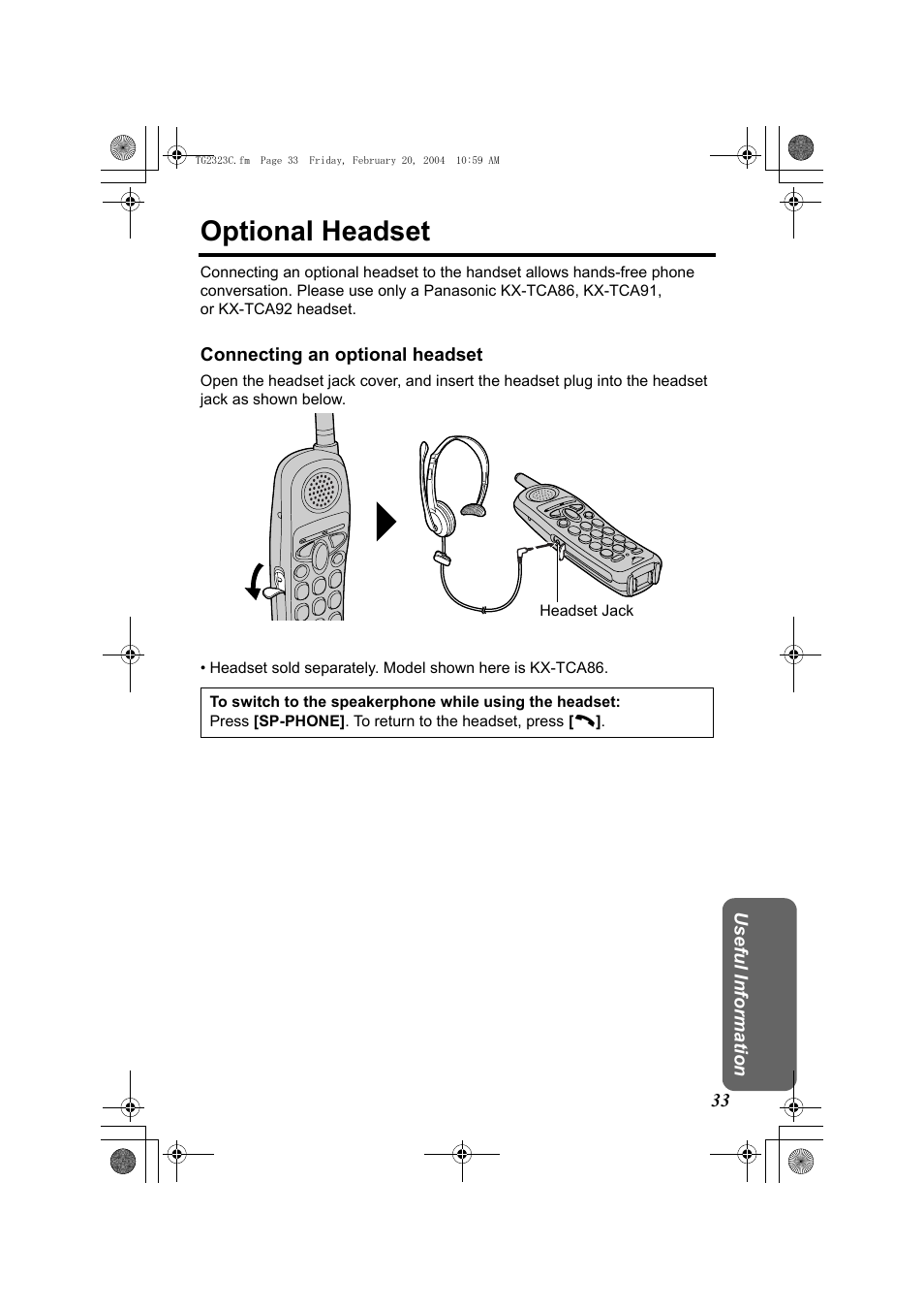 Optional headset, Connecting an optional headset, Ck (p. 33) | Panasonic kX-TG2323C User Manual | Page 33 / 40