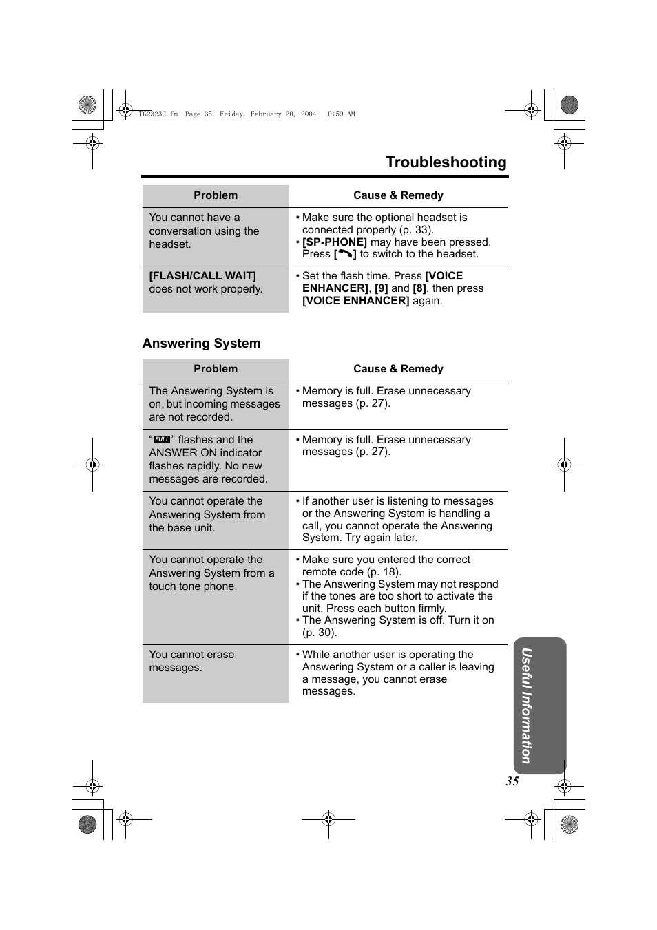 Troubleshooting, Useful information 35 answering system | Panasonic kX-TG2323C User Manual | Page 35 / 40