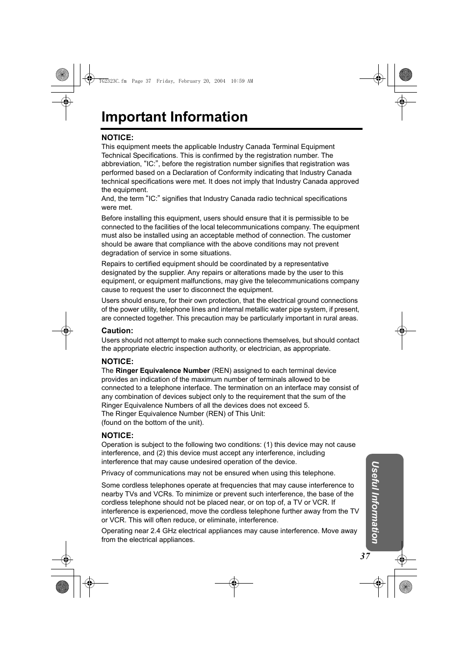 Important information, Useful information 37 | Panasonic kX-TG2323C User Manual | Page 37 / 40