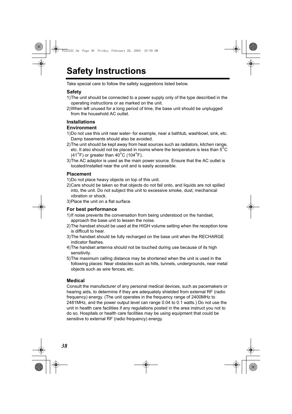 Safety instructions | Panasonic kX-TG2323C User Manual | Page 38 / 40